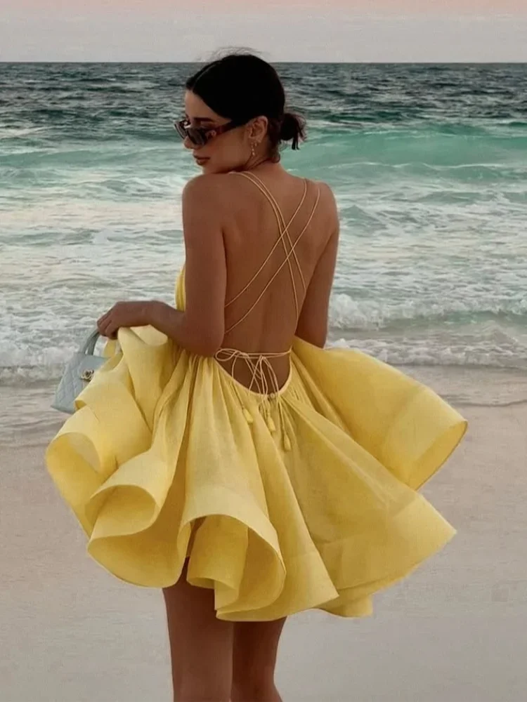 2025 Sexy Backless Lace Up Women's Sling Mini Dress Chic Solid High Waist Loose Pleated Hem Vestido Lady Summer Party Beachwear