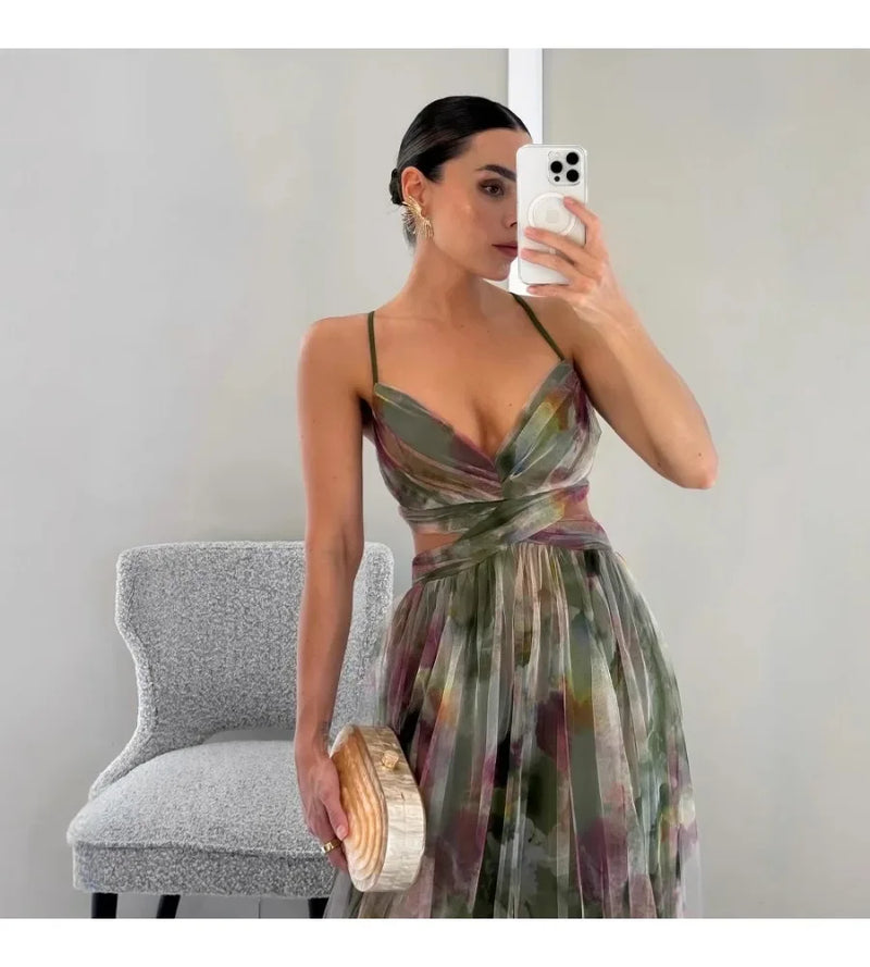 Spring and summer new mesh printed camisole dress INS holiday casual party dress skirt robe argent  dress for women