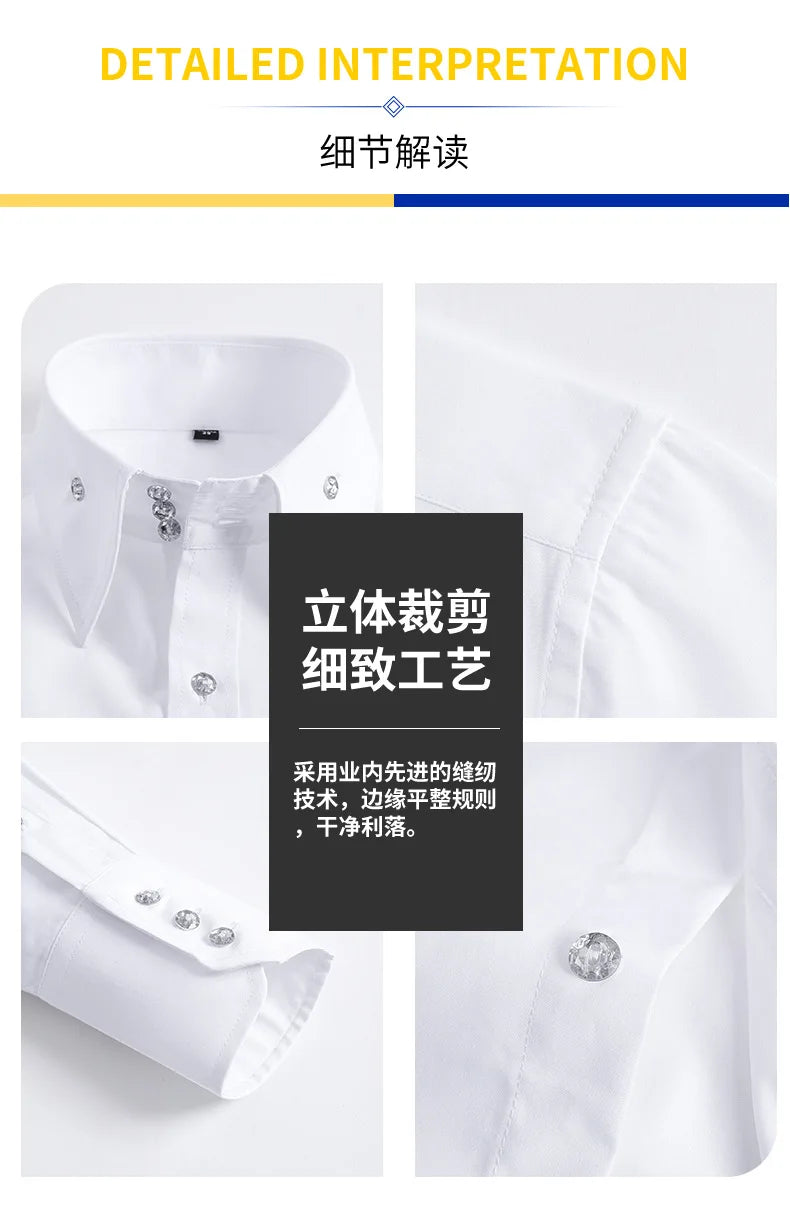 Men's Stretchy Long Sleeve Shirt Crystal Buttons Business Casual Slim Fit Dress Shirts for Men Trendy Traf Homme TS-928