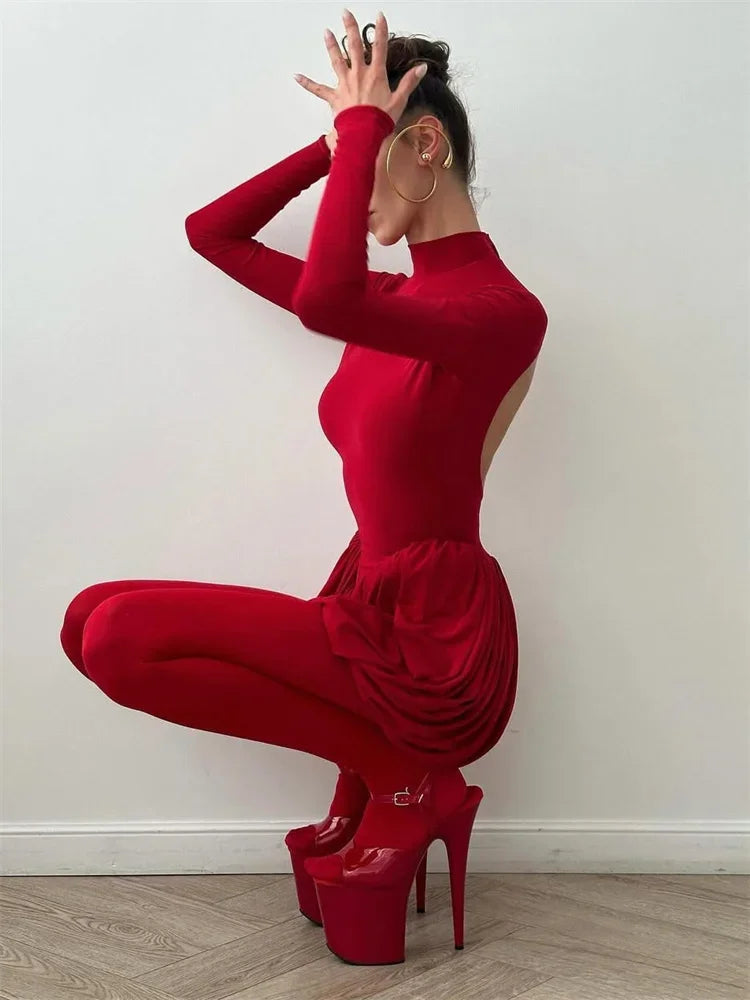 Tuularose Red Hollow Dress Women High Waist Sexy Backless Long Sleeve Gathered Dress Summer Patchwork Retro Party Evening Dress