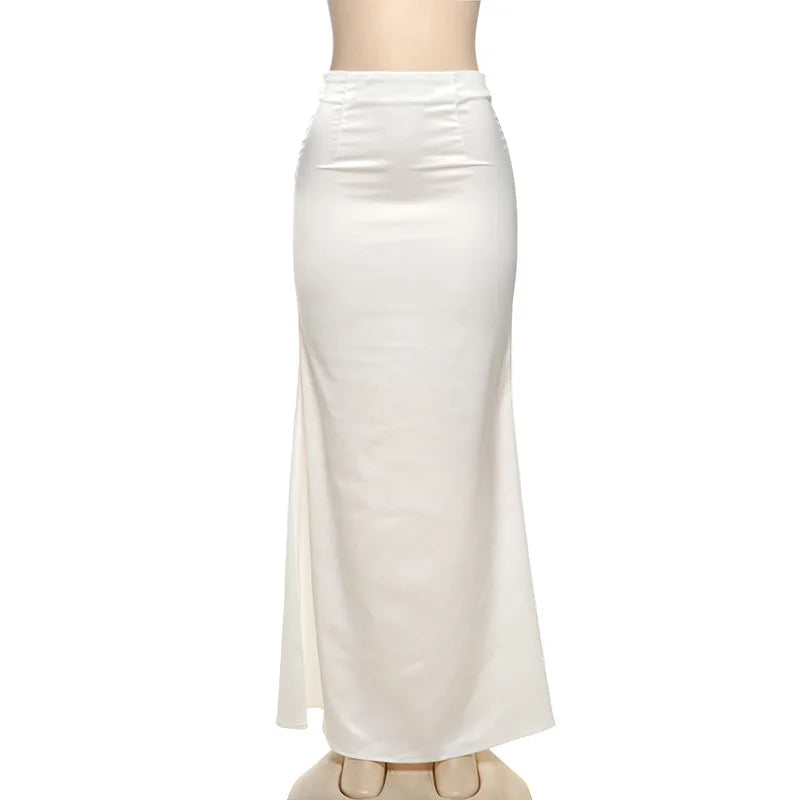 Trendix Elegant Satin Skirts And Vest Suits Women French Vintage Lace Tube Top High Waist Maxi Skirt 2 Piece Sets Womens Outfits