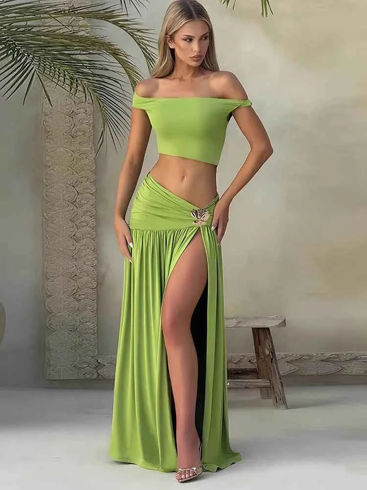 Sibybo Elegant Metal 2 Piece Set Women Partywear Oblique Shoulder Irregular Crop Top Side Slit Ruched Maxi Skirt Matching Outfit