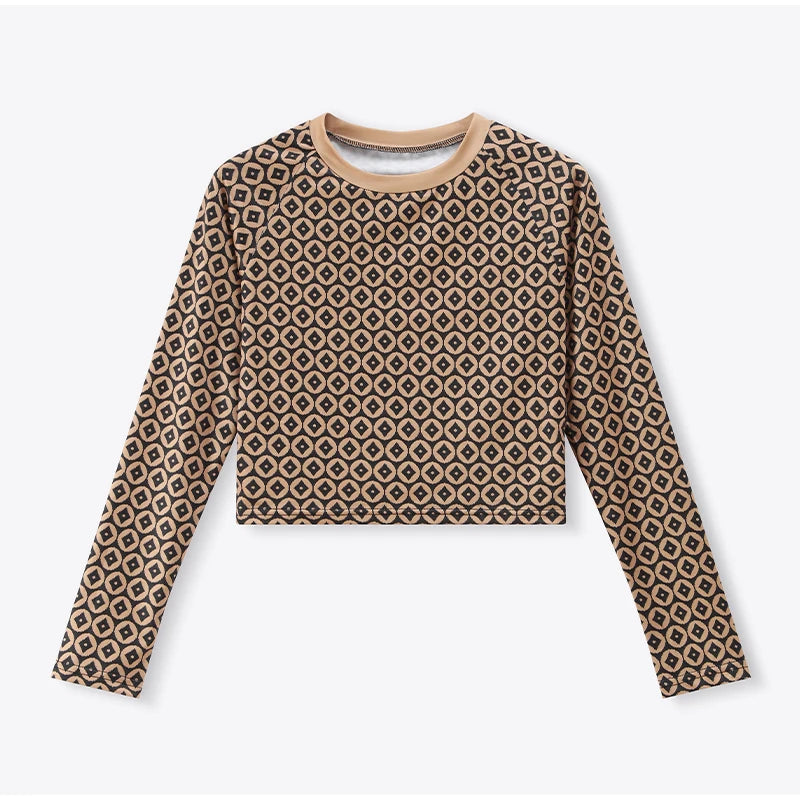 Conjunto de calças femininas elásticas, elegantes, com estampa slim fit, gola redonda, manga comprida, top curto, 2025, novas roupas femininas para primavera