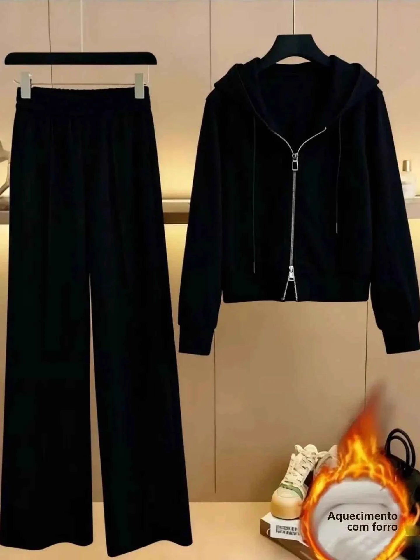 Women's Fleece Lined Thick Casual Sports Suit Set Hoodie Jacket Wide Leg Pants Two Piece Set Autumn Winter Fashion New Style