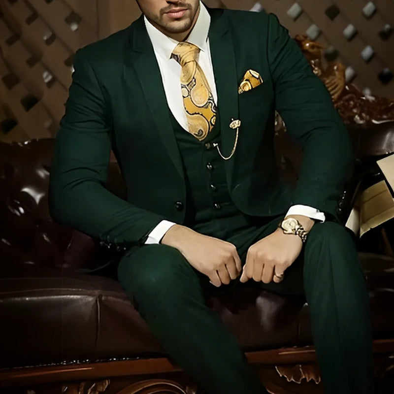 Terno masculino verde escuro bonito para trabalho, 3 peças, baile de formatura, casamento, smoking (jaqueta + calça + colete + gravata)