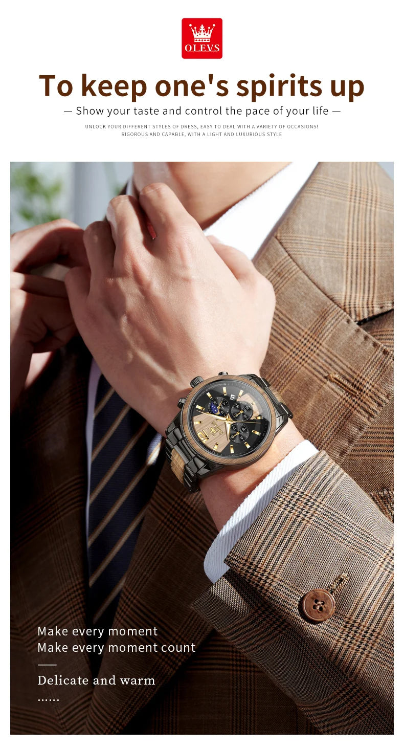 OLEVS 3645 Mens Watch Top Brand Business Original Quartz Watch Solid Wood Multifunctional Chronograph Watch Moon Phase Reloj New