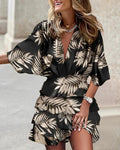 Print  Cross-border independent station fashion classic explosive autumn bat sleeve V-neck hemline irregular dress women's dress