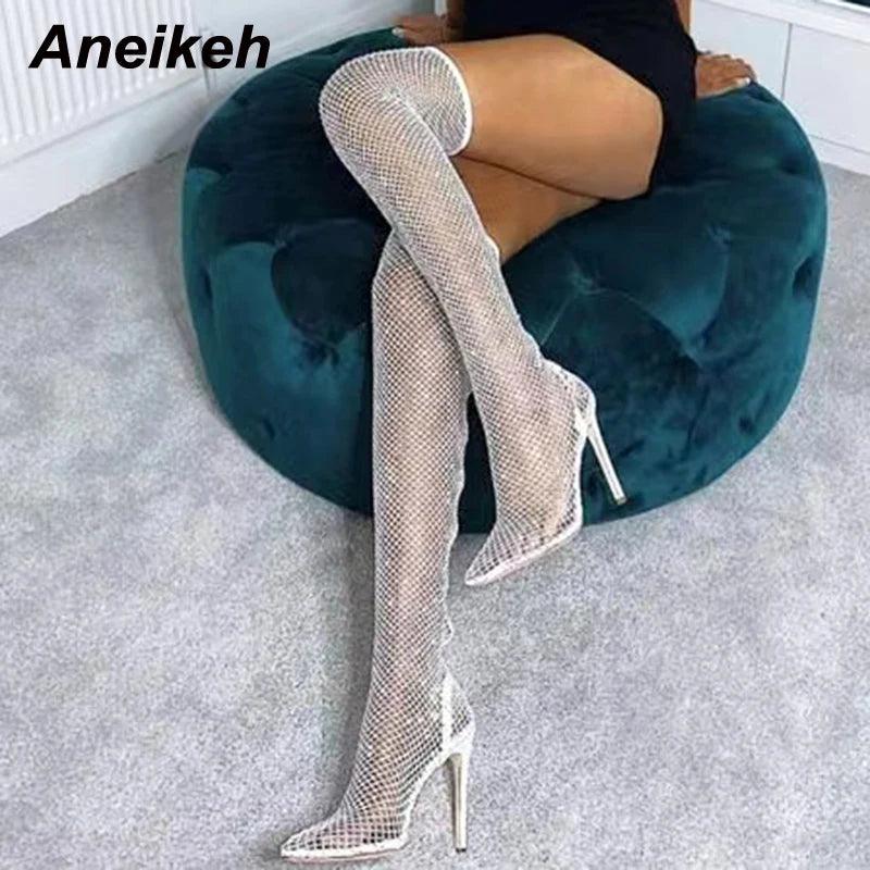 Aneikeh Sexy Bling Rhinestone Mesh Shoes Over The Knee Boots Women Pointed Toe Sandals Nightclub High Heels Botas Femininas 2024 - CRAVO ROSE