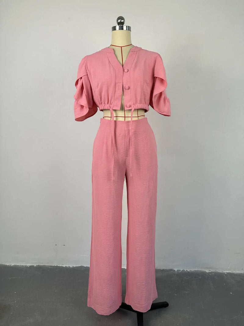 Sets for Women 2 Pieces 2025 Spring Fashion V-neck Flared Sleeve Lace Up Crop Top & Casual Pocket Design Wide Leg Pants Set