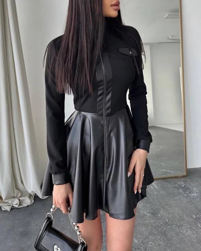 Women Long Sleeve Zipper Pocket Large Hem Faux Leather Mini Dress Women's Clothing Elegant Fashion PU Ruched Party Dress vestido