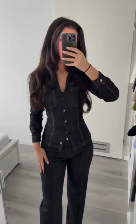 Women Fashion Denim Solid Top High Waist Pants Suits Casual Single Breasted Lapel Neck Shirts Pant Set Spring Lady Street Wear