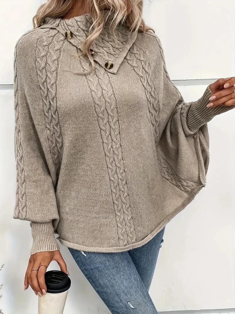 Women's Sweater Sweater for Women Turtleneck Batwing Sleeve Cable Knit Poncho - CRAVO ROSE