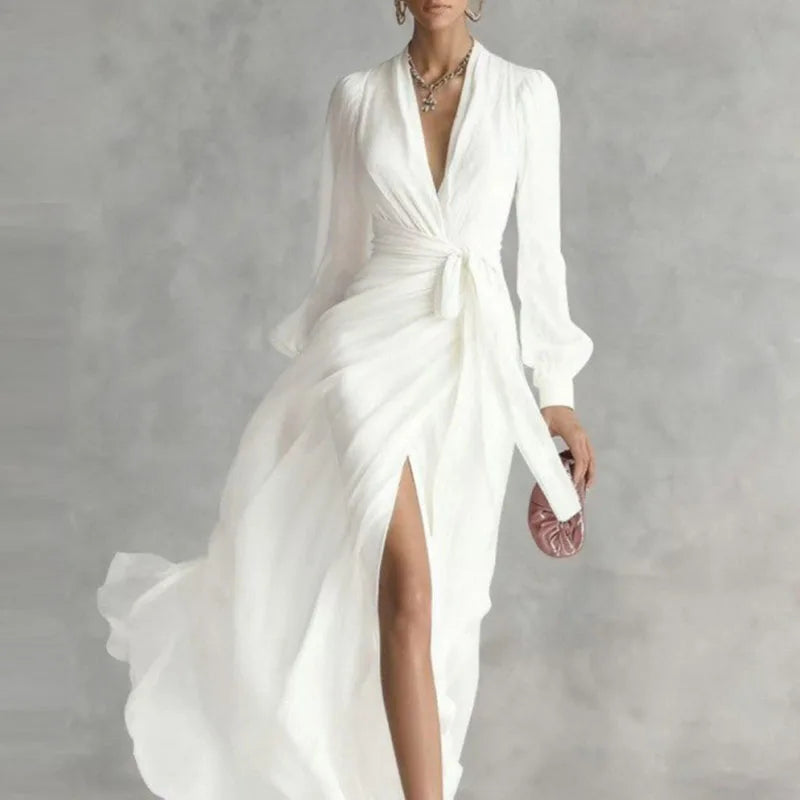 Elegant Deep V Neck Hollow Party Dresses Woman New Spring Wrap Tie Waist High Slit Long Dress Femme Solid Long Sleeve Maxi Dress