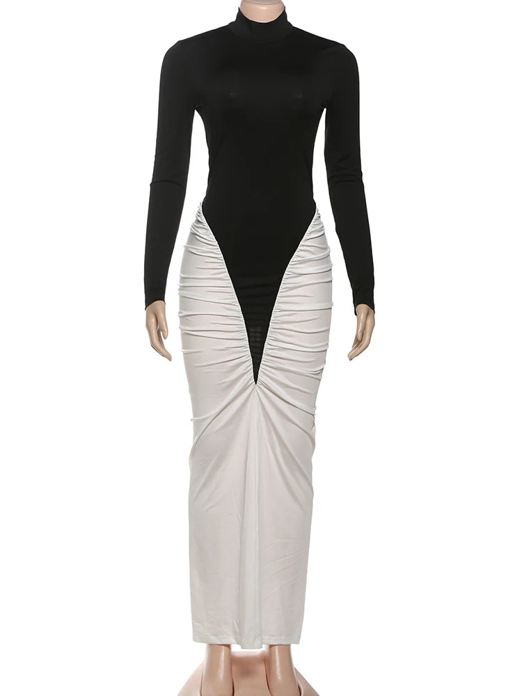 Sisterlinda Ruched Patchwork Dress Women Full Sleeve Color Block Peach Hip Elegant Sexy Simple Evening Stretch Skinny Bodycon