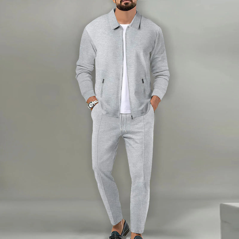Casaco Outono Waffle Zíper Bolso Lapela Slim Cardigan Conjunto Jaqueta Masculina