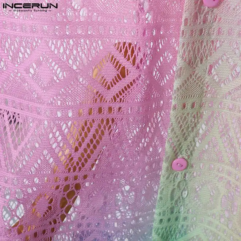 Conjuntos masculinos  de renda transparente com tie-dye, lapela degradê, camisa de manga curta e shorts, 2 peças,  urbana, ternos