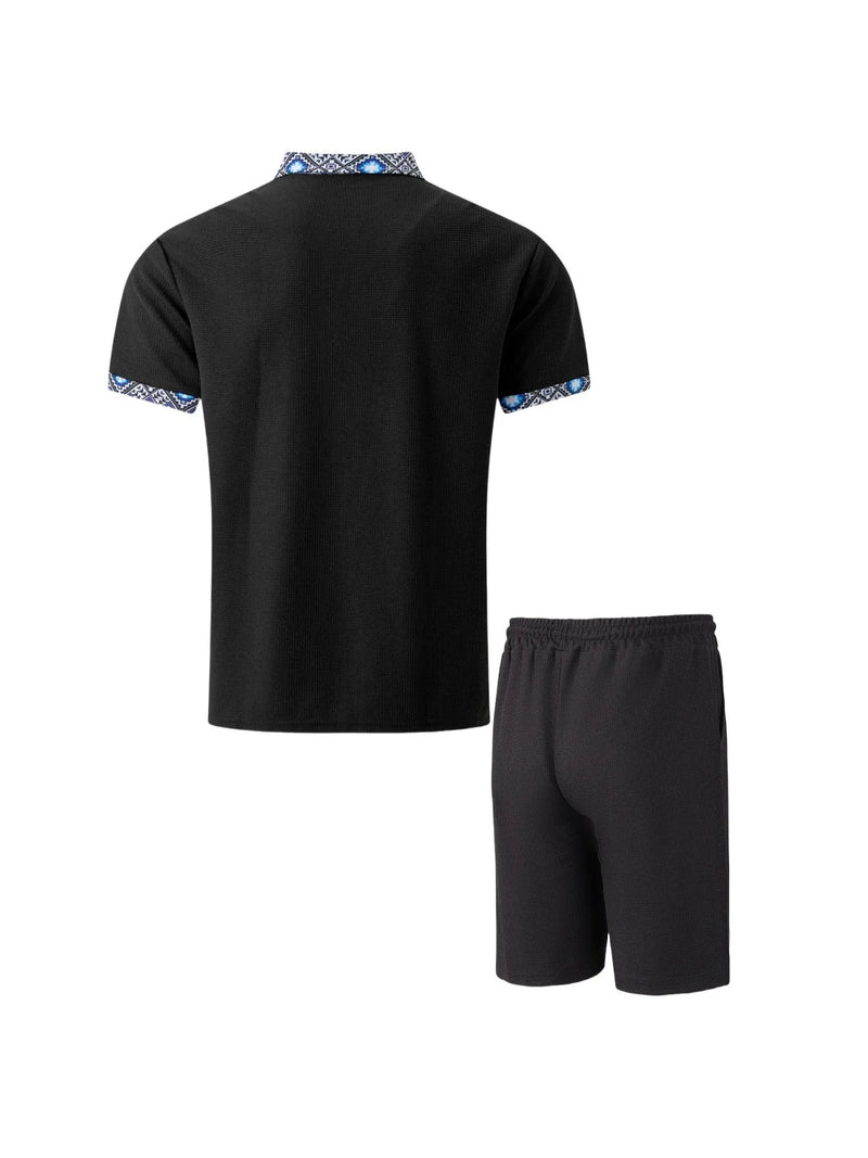 Conjuntos homens Waffle cor sólida zíper lapela manga curta terno shorts dois