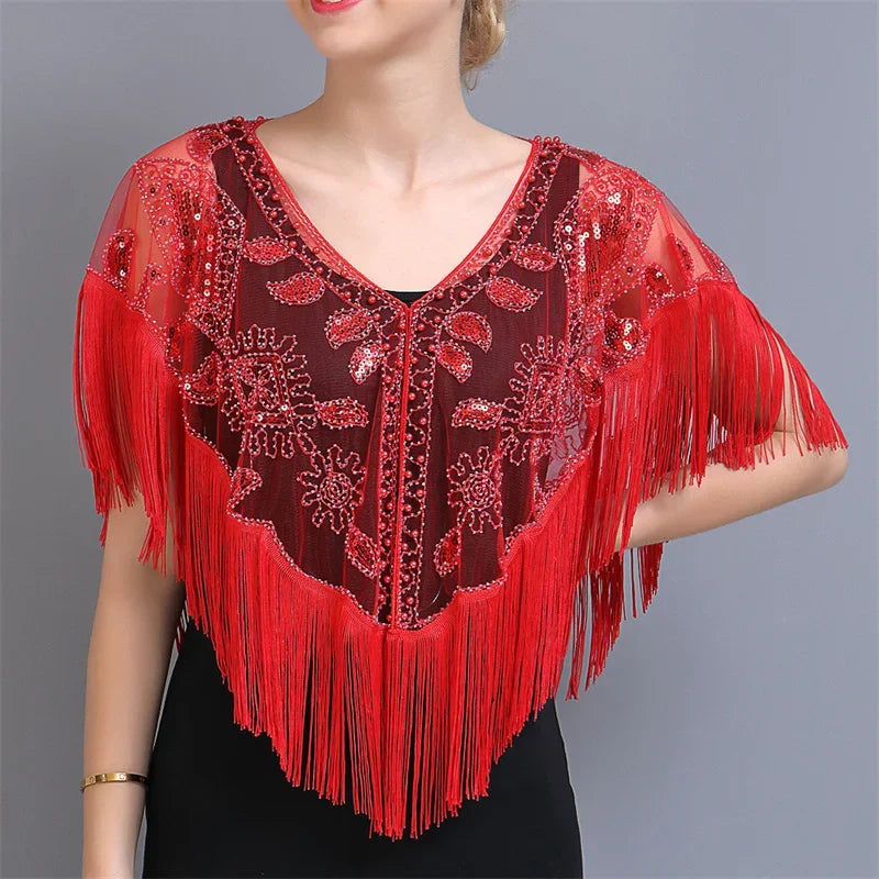 Summer Sequins Tassels Poncho Women Coat Party Outfits Cape Mesh Jacket Ladies Cloak Shawls Casaco Outerwear Wraps Woman Clothes