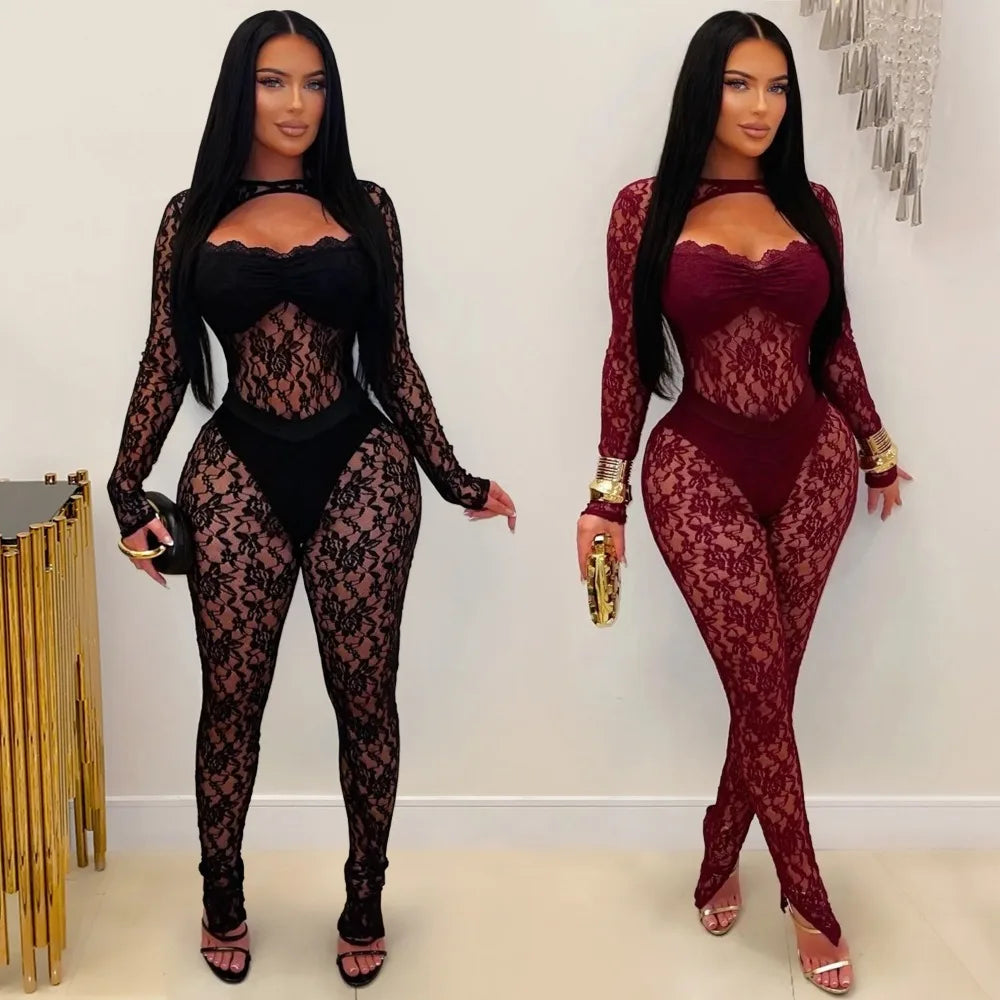 FLARORA Sexy Lace Hollow See Through Jumpsuits Woman O Neck Full Sleeve Peach Hip Slim Jumpsuit Midnight Party Clubwear Overalls