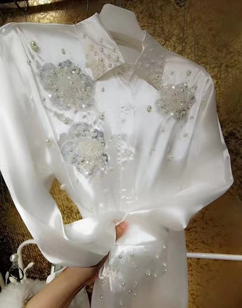 Blusas brancas com lantejoulas e miçangas estilo luxo, camisas para mulheres, vintage, botões, blusas de abotoamento simples