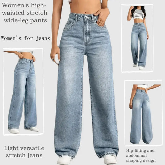 Classic Blue Y2K Jeans for Women Straight Leg Stretchy Denim Trousers Simple Design Retro Style Elastic Waist