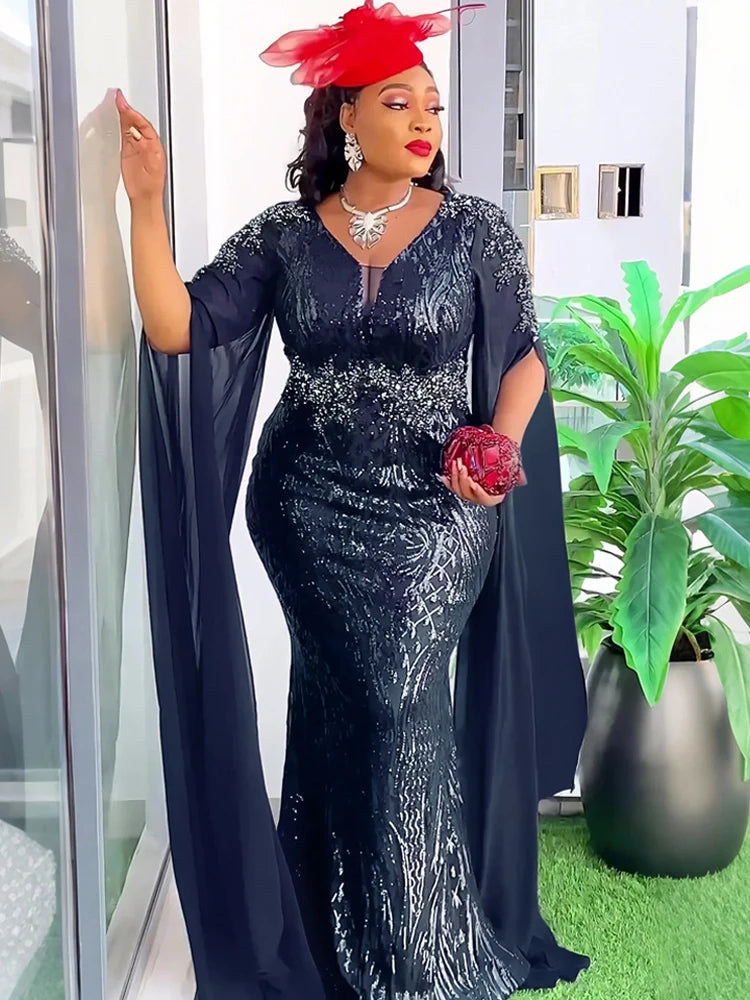 Party Evening Dresses Luxury Sequin Mermaid Gown For Women Africa Clothing Wedding Prom Elegant Bodycon Long Robe Kaftan Abayas
