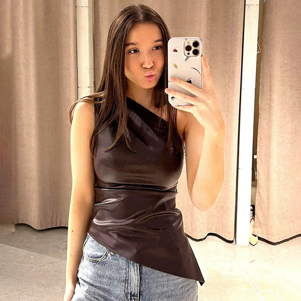 2025 Fall Snd Winter New Pure Color Slim Sleeveless One-Shoulder Slanting Collar Zipper Show Thin Jacket