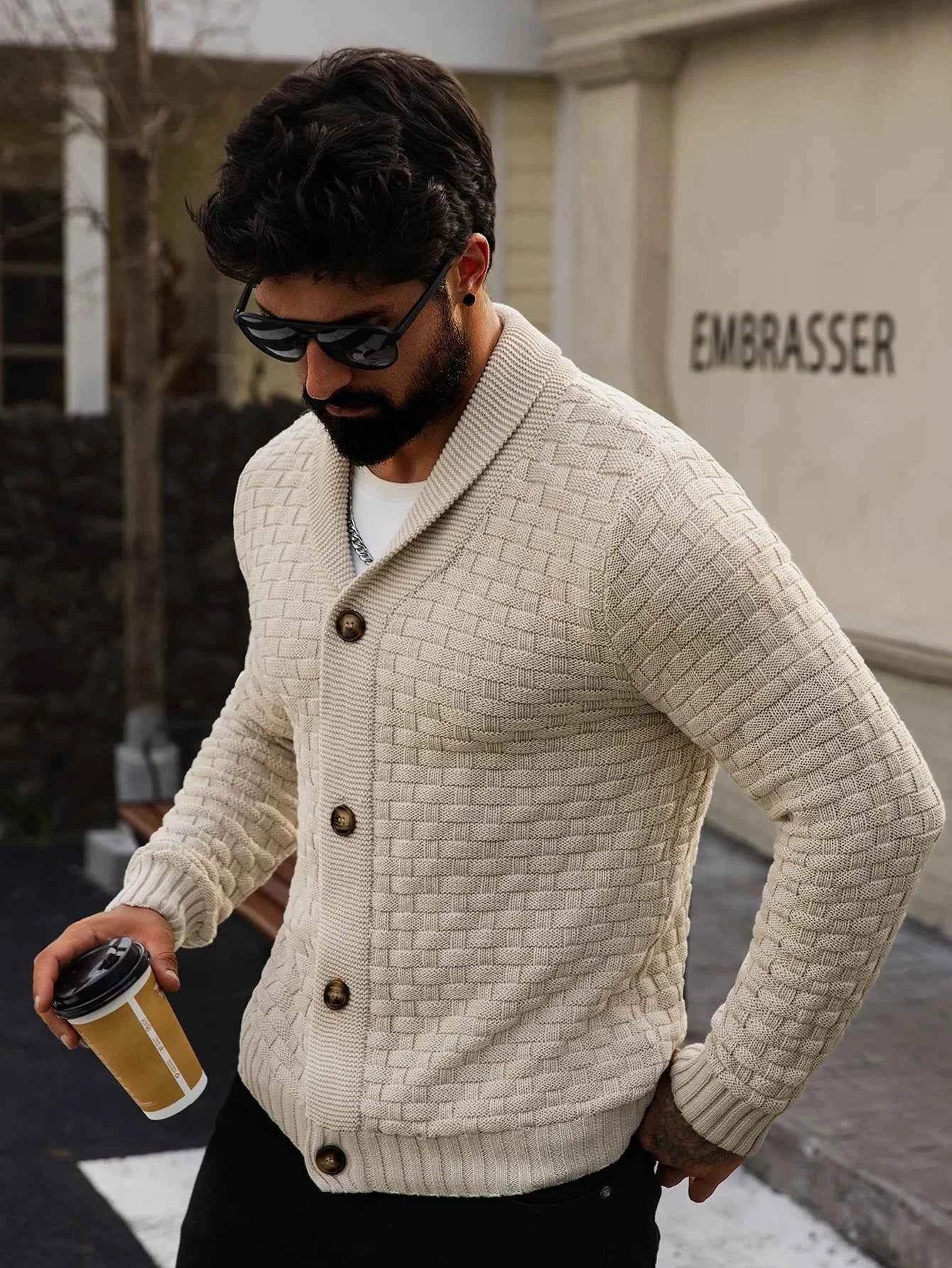 Men's Autumn Winter Cardigan Sweaters Warm Knitted Open Front Long Sleeve V-Neck Pullover in Solid Color for Men