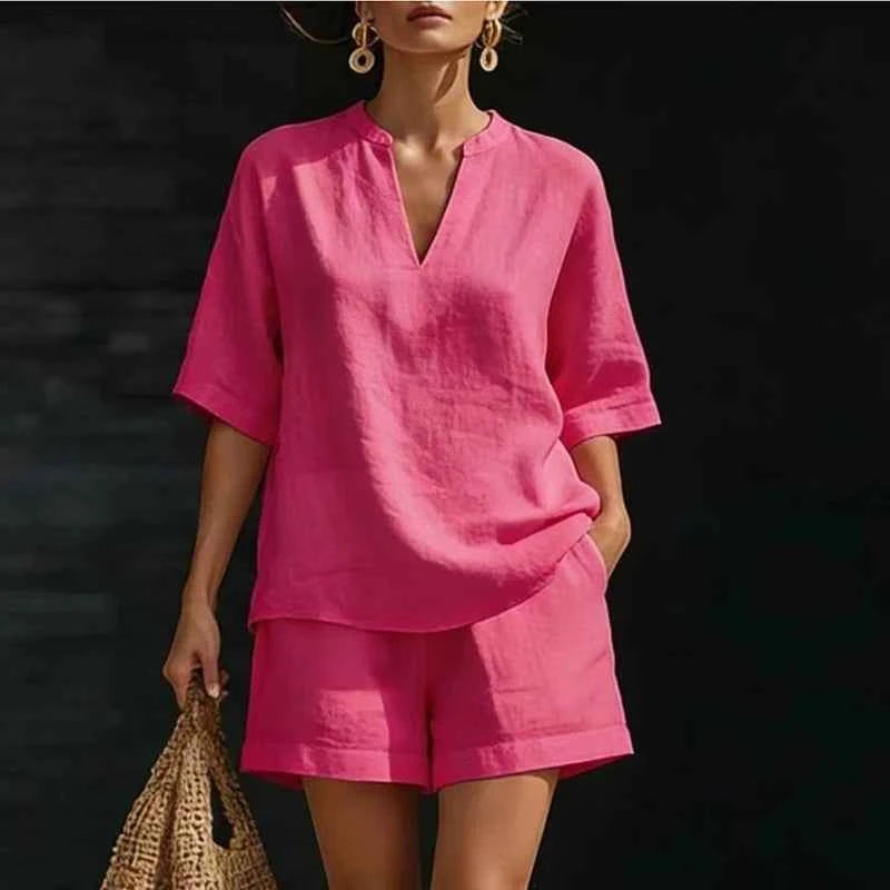 Summer Casual Cotton Linen Two Piece Set For Women V Neck Short Sleeve Shirt High Waist Pocket Short Suit Women Comfortable Set