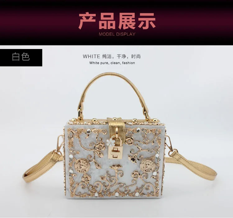 Box Designer evening bag diamond flower Clutch Bag hollow relief Acrylic luxury handbag banquet party purse women's Shoulder bag