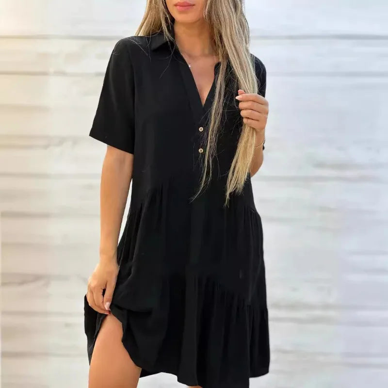 Vestido casual com lapela e babados, linha A, para férias na praia, solto, liso, de algodão e linho, manga curta