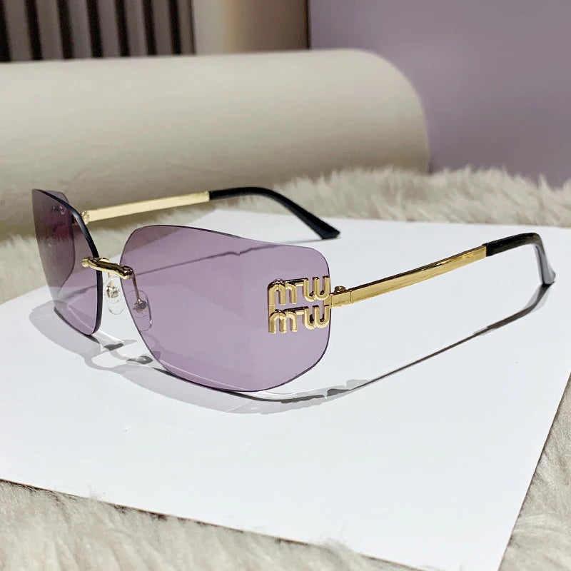 Classic Sun Glasses Female Funky Metal Luxury Rimless Sunglasses Women Brand Designer Rivets Rectangle Gradient Curved Shades