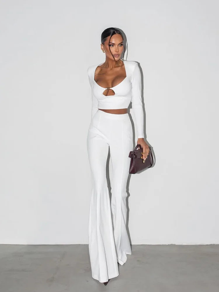 CNYISHE Long Sleeve U Neck Solid Fashion Women Sets 2-Pieces(Tops+Pants) Sheath Sexy Club Suits Fitness Casual Female Elegant