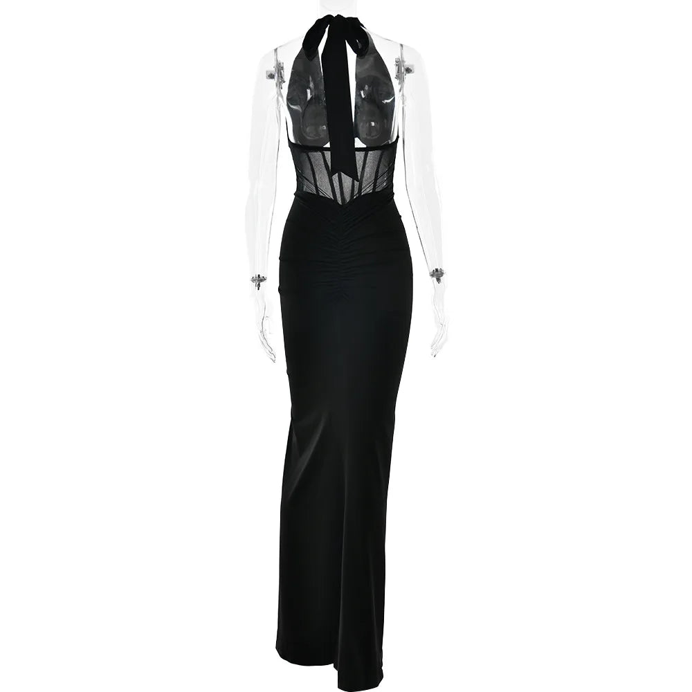 Elegant White Long Curvy Dress Women's Halter Deep V Backless Black Mesh Ruched Maxi Dresses Evening Party Cocktail Robe Summer