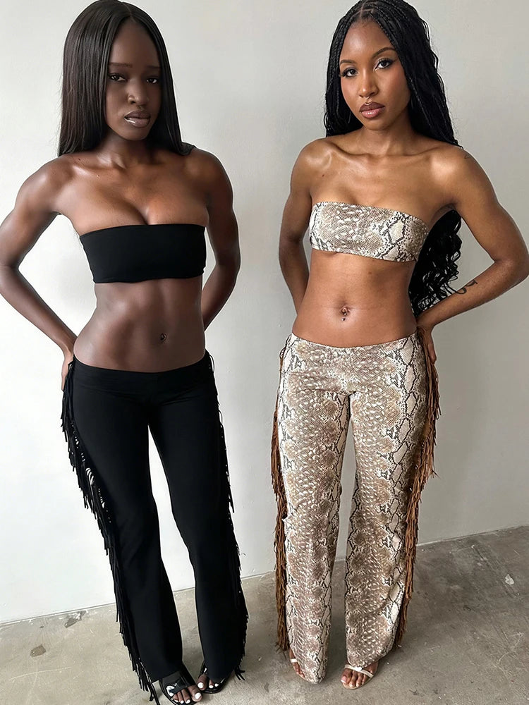 Weird Puss Side Tassel 2 Piece Set Women Tracksuit Mini Strapless+Straight Pants Matching Stretch Street Cool Hipster Outfits