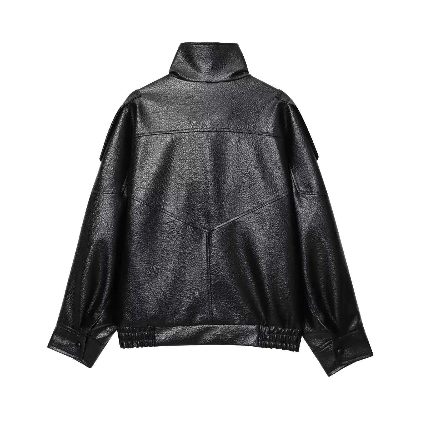 TFMLN Chic Black Faux Leather Jackets Women Long Sleeve Buttons Elastic Oversized Coats Fashion 2025 Autumn Winter Streetwear