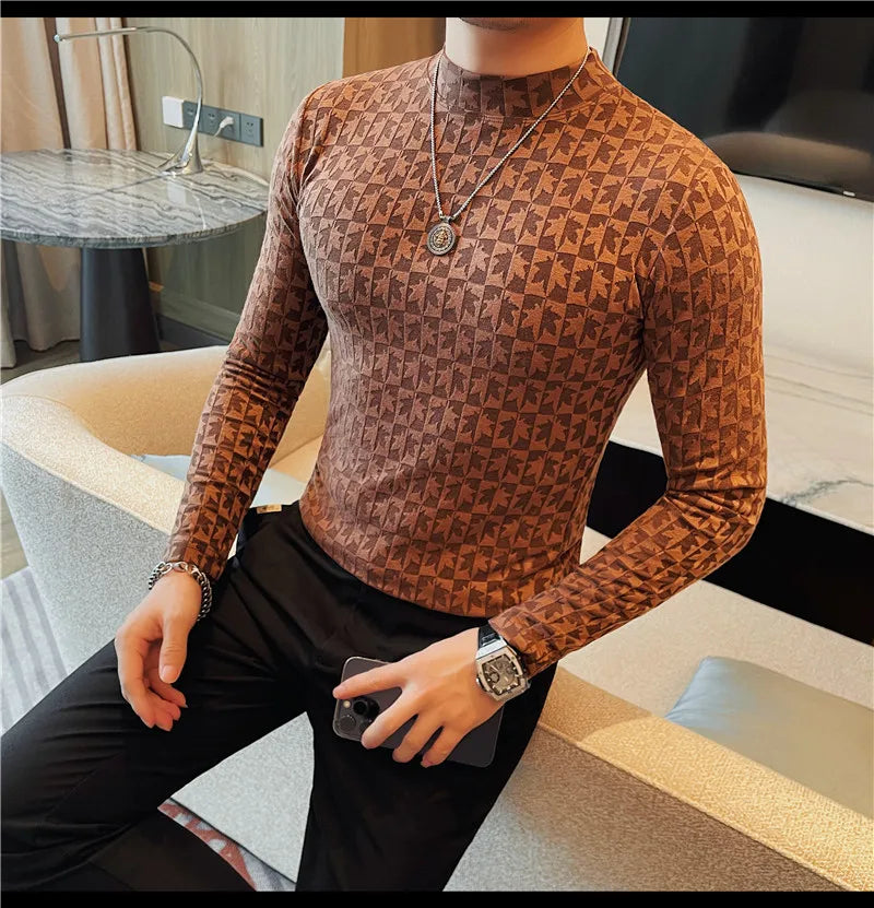 Camiseta elástica estampada de gola alta semi alta para homens, roupas de outono, nova, mangas compridas, jacquard, justa, cor sólida, camiseta slim fit