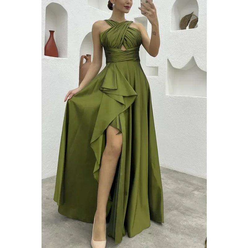 Elegant Fashion Sleeveless High Waist Hollow Out Ruffle Slit Evening Floor Length Dress Prom Gown Sexy Women Corset Party Dress - CRAVO ROSE