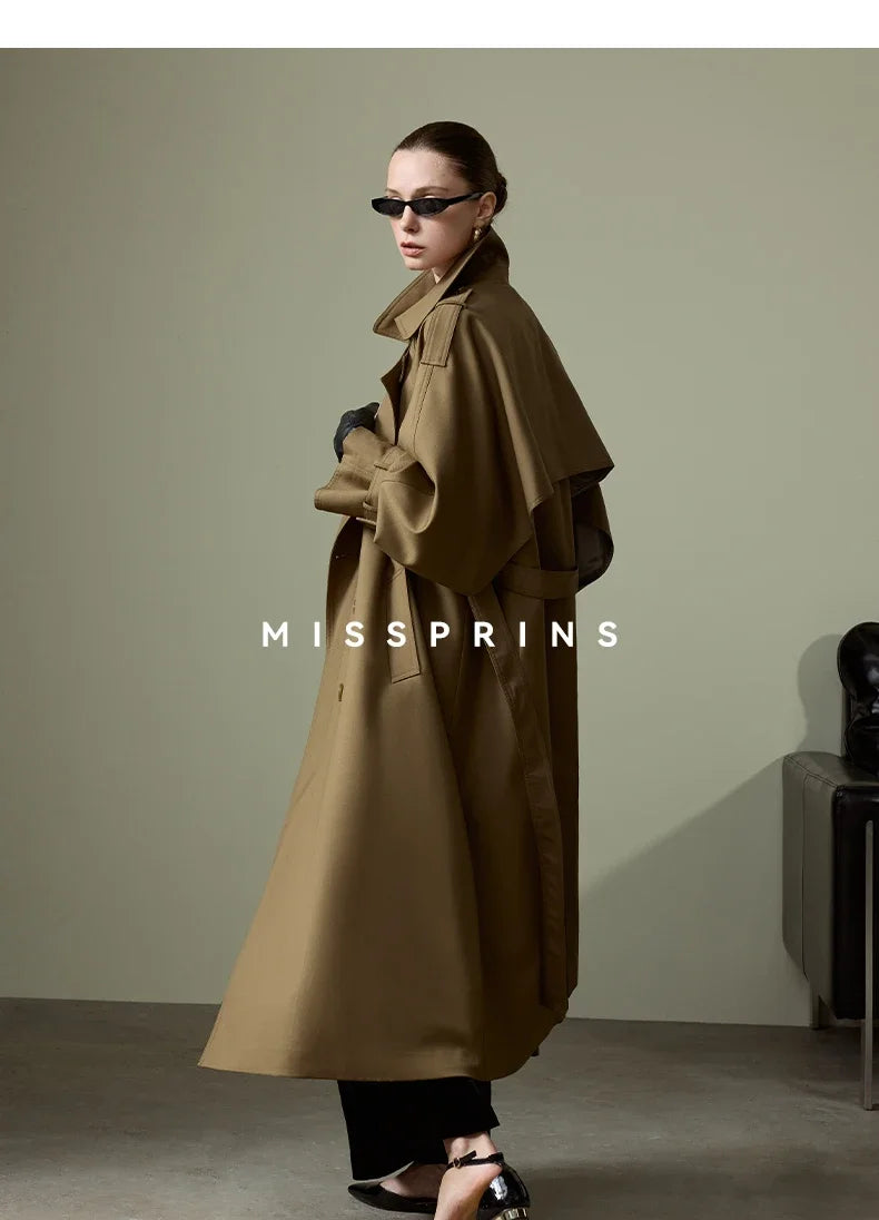 Lautaro Spring Autumn Long Khaki Trench Coat for Women Belt Double Breasted Chic Luxury Designer European Fashion Clothes 2025