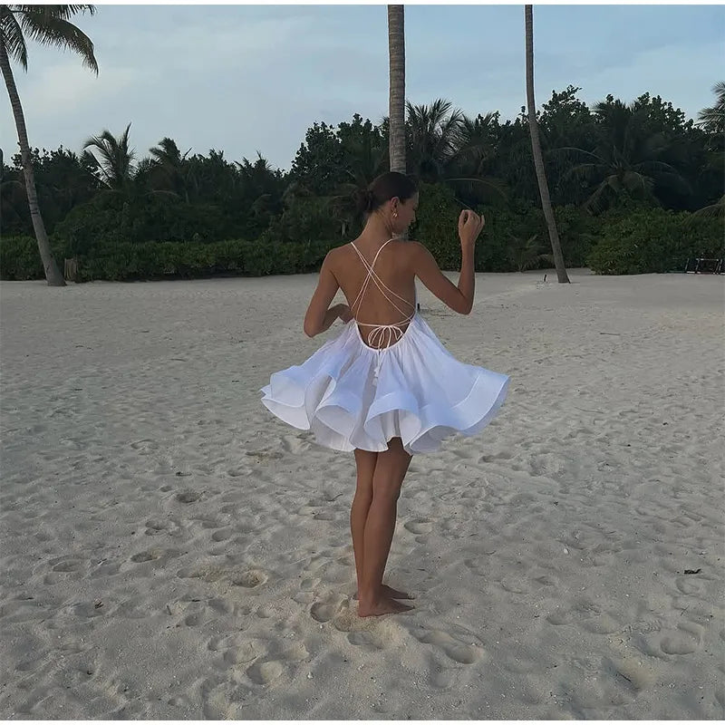 2025 Sexy Backless Lace Up Women's Sling Mini Dress Chic Solid High Waist Loose Pleated Hem Vestido Lady Summer Party Beachwear