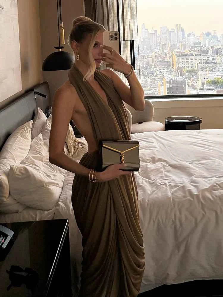 Nibber Ruched Halter Maxi Dress Women Sleeveless Backless Irregular Hem Solid Vacation Classic Basis Prom Party Elegant Vestidos