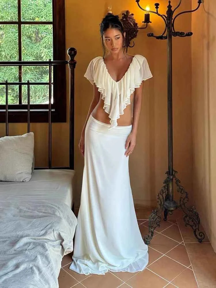 Weird Puss Patchwork Summer 2-Piece Set Women v-Neck Ruffles Crop Tops+Elastic Waist Simple Skitrts Solid Vacation Elegant Suit