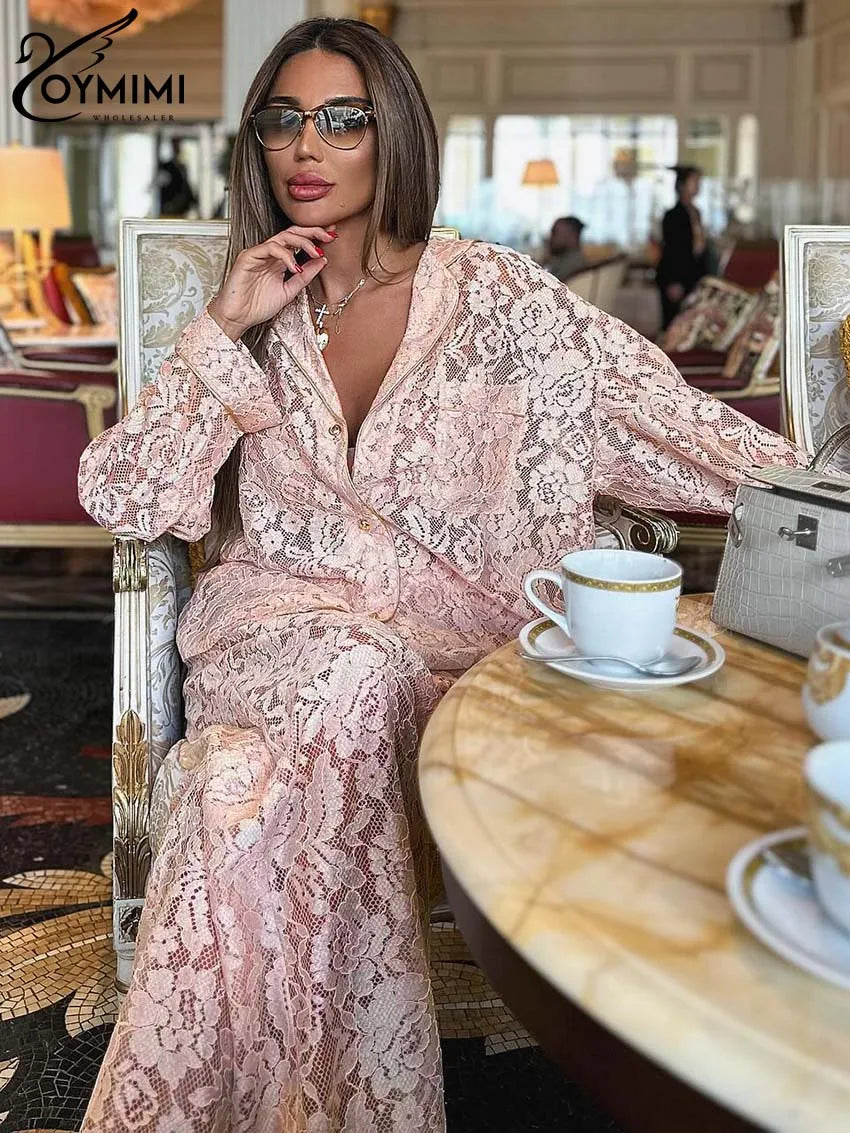 Oymimi Summer Pink Perspective Sets Womens 2 Piece Casual Long Sleeve Button Shirts And High Waist Straight Trousers Female Sets