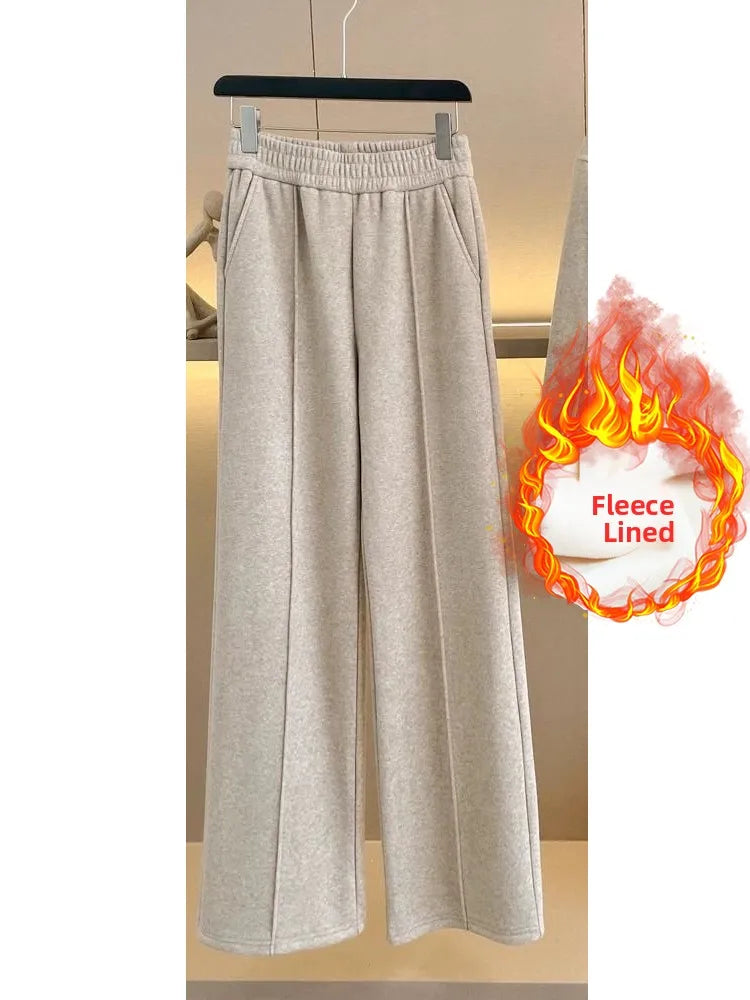 Women's Fleece Lined Thick Casual Sports Suit Set Hoodie Jacket Wide Leg Pants Two Piece Set Autumn Winter Fashion New Style