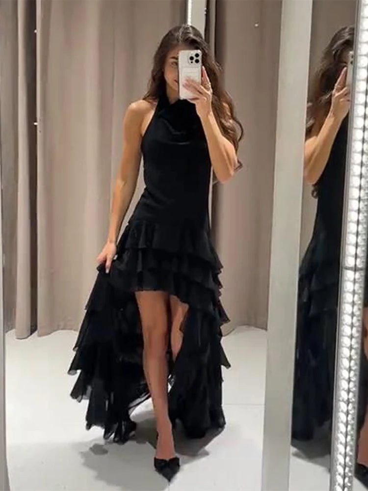 Vestido de festa elegante com babados, sexy, sem costas, sem mangas, estilo halter, para mulheres, verão 2025, chique, bainha irregular, preto, robe feminino
