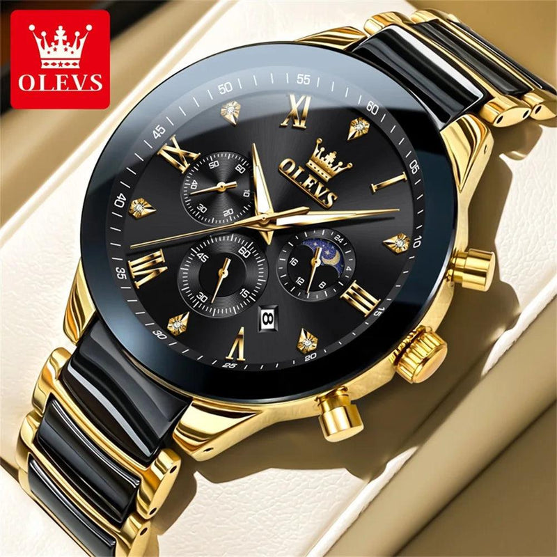 OLEVS Men's Watches Original Quartz Watch for Man Waterproof Luminous Ceramic And Steel Strips Wristwatch Male Moon Phases - CRAVO ROSE