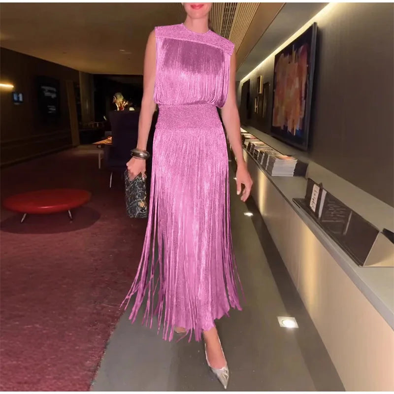 Elegant Tassel Maxi Dress Women Slim Spring Summer O-neck Shine Ankle-length Dresses Lady Sleeveless Solid Robe Female Party