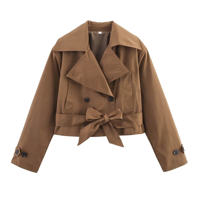 ETJ 2025 new  women's British wind trench coat style double-breasted long sleeve belt lapel jacket short coat