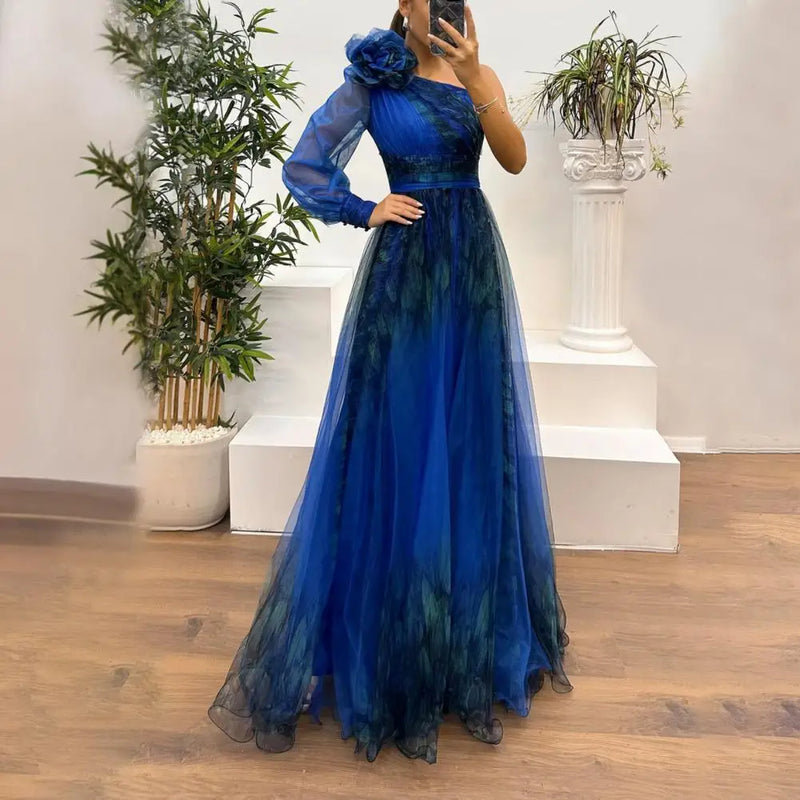 Elegant Women Evening Dress 3D Flower Pleated Mesh Banquet Dress Long Sleeve Waist A-line Floor Slit Hem Ball Gown Dress Robe