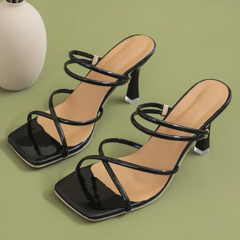 Women's Pumps Summer Womens Sandals Elegant Female Slippers Square Toe Clip-toe High Heel Slippers 2025 New Sandalias Femininas